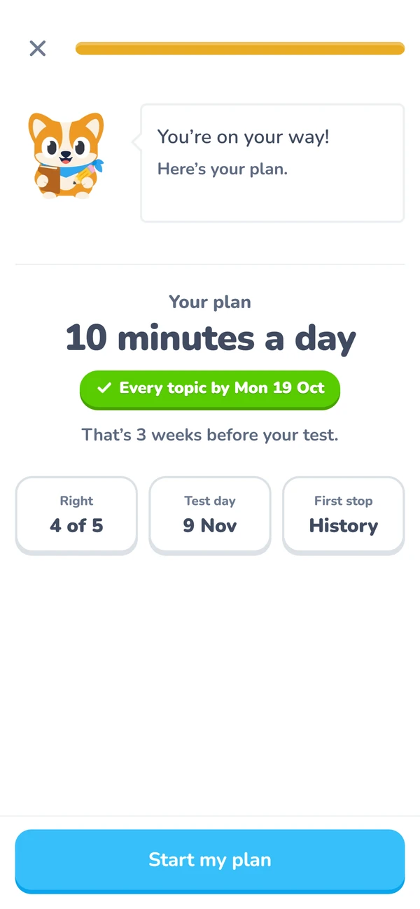 The plan at the end of the ready check: 10 minutes a day, every topic by Mon 19 Oct, three weeks before a test on 9 Nov.